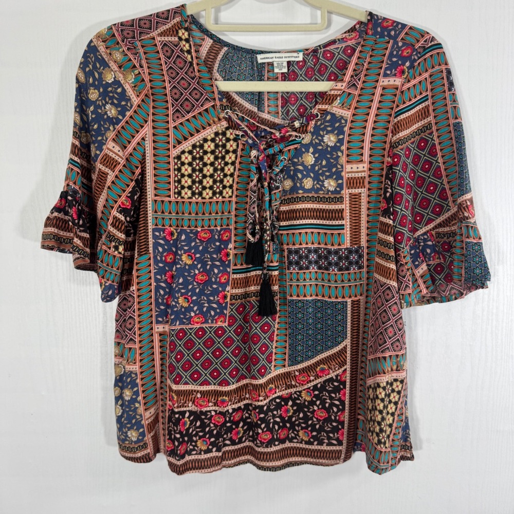 American Eagle Outfitters Women Bohemian Floral Patchwork Tunic Top Size XS